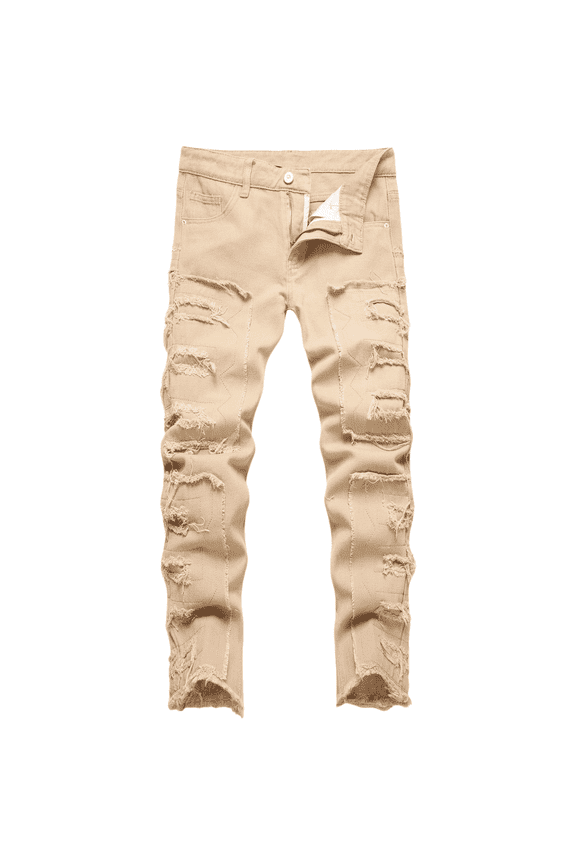 Boy's Skinny Fit Comfy Jeans Ripped Destroyed Distressed Stylish Slim Washed Denim Jeans Pants Khaki 16