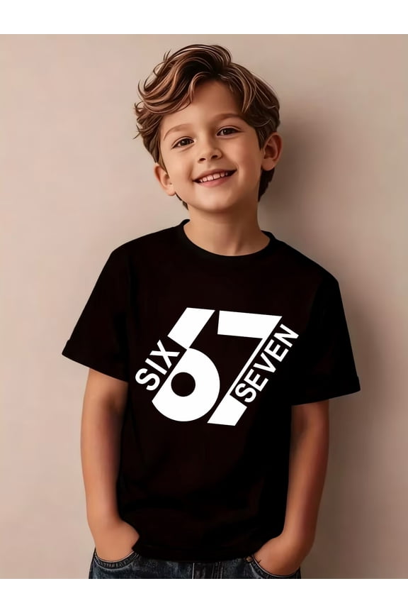 Boy's Soft Casual Graphic Number Six Seven Print Crewneck T-Shirt