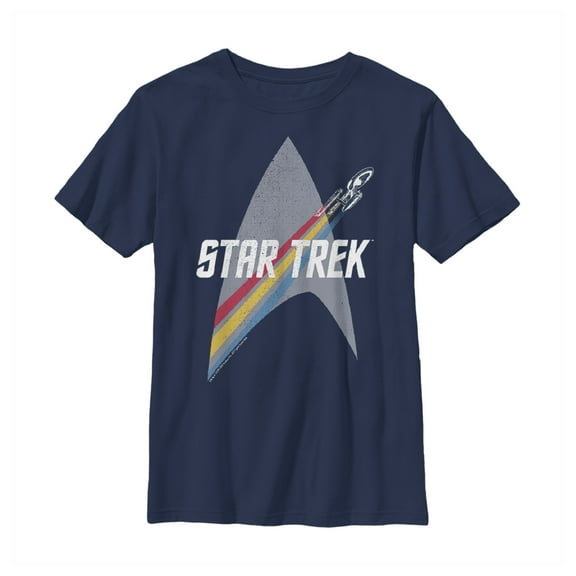 Boy's Star Trek Enterprise Starfleet Rainbow Streak  Graphic Tee Navy Blue Large