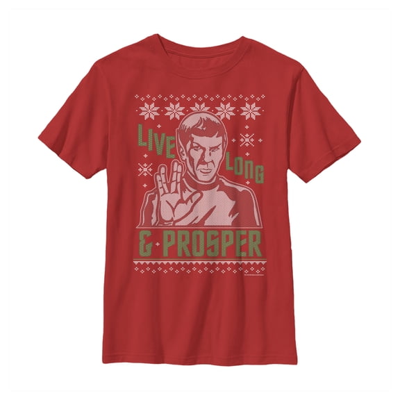 Boy's Star Trek Spock Live Long and Prosper Ugly Christmas Graphic Tee Red Medium