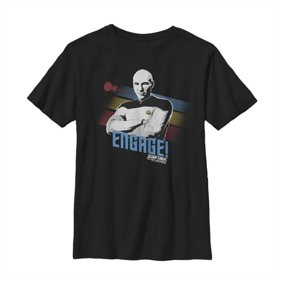 Boy's Star Trek: The Next Generation Captain Picard Color Streak Engage  Graphic Tee Black Small