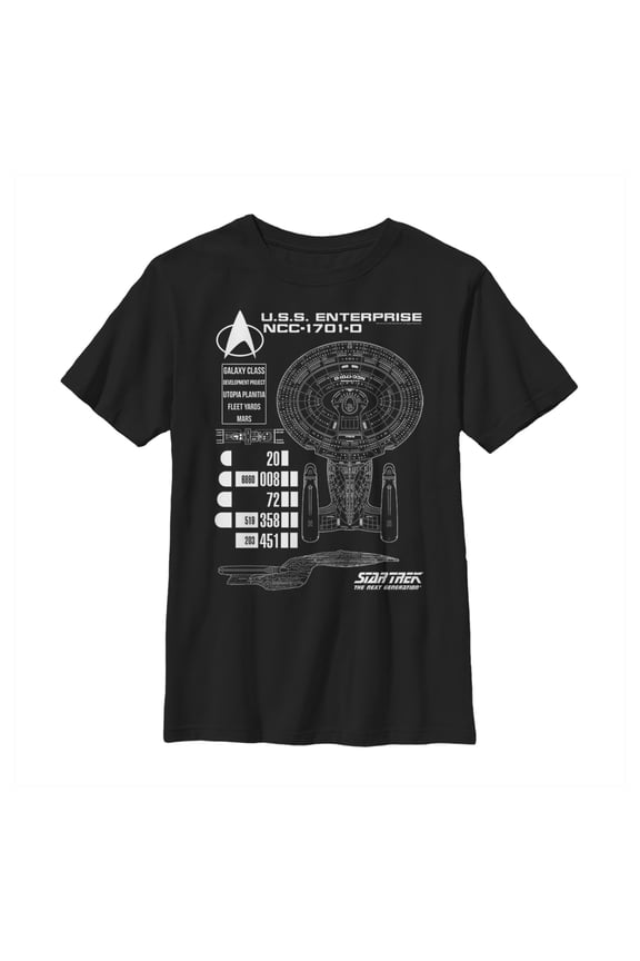 Boy's Star Trek: The Next Generation Enterprise Galaxy Class NCC-1701-D Schematics Graphic Tee Black Medium