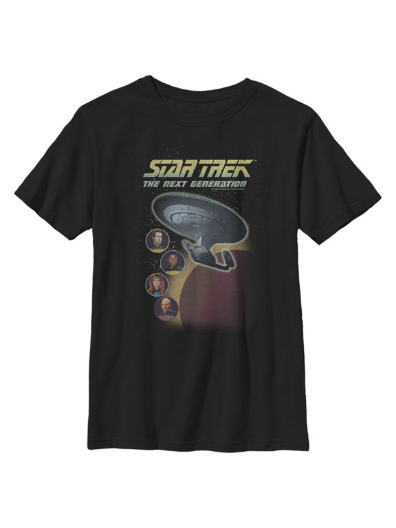 Boy's Star Trek: The Next Generation Enterprise with Captain and Crew Portraits Graphic Tee Black Large