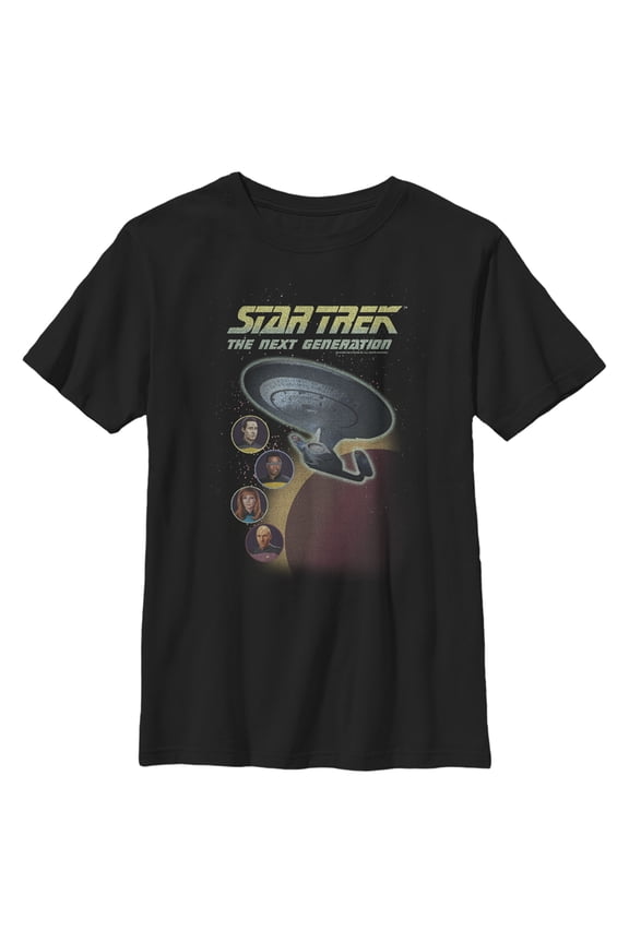 Boy's Star Trek: The Next Generation Enterprise with Captain and Crew Portraits Graphic Tee Black Medium