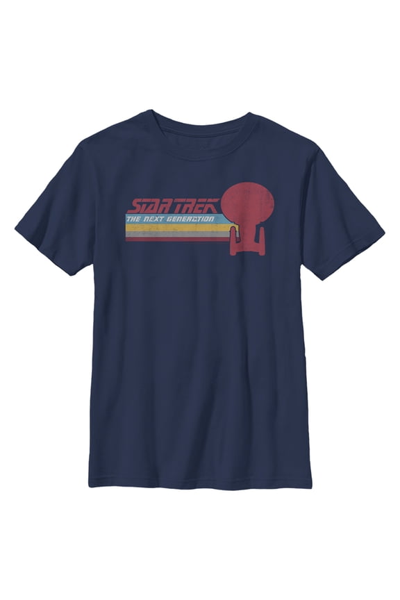 Boy's Star Trek: The Next Generation USS Enterprise Vertical Retro Rainbow Logo Graphic Tee Navy Blue X Small