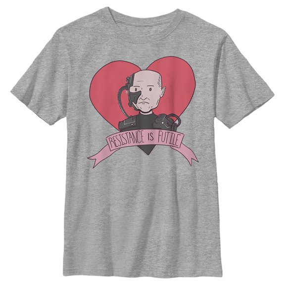 Boy's Star Trek: The Next Generation Valentine's Cartoon Borg Picard Heart Resistance Is Futile Graphic Tee Athletic Heather X Large