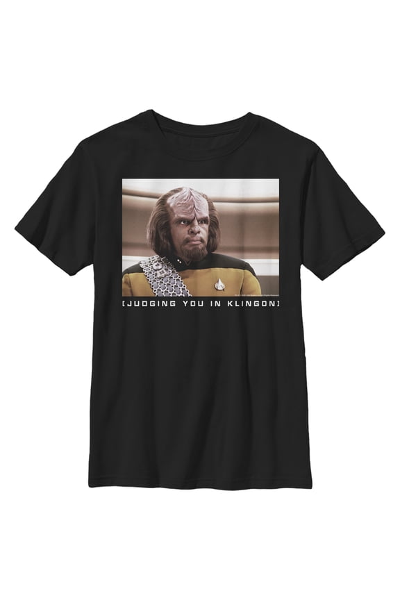 Boy's Star Trek: The Next Generation Worf Judging You in Klingon Graphic Tee Black Large