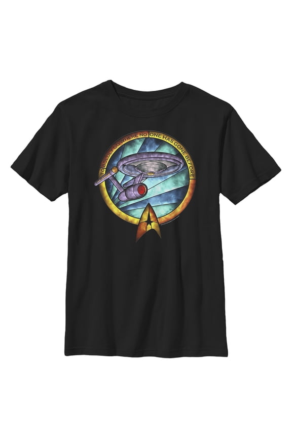 Boy's Star Trek USS Enterprise Stained Glass To Boldly Go Graphic Tee Black Large