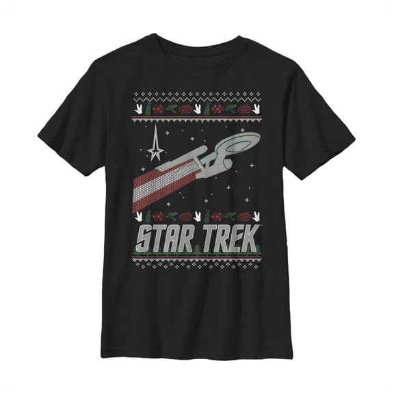 Boy's Star Trek USS Enterprise Ugly Christmas Sweater Graphic Tee Black Small