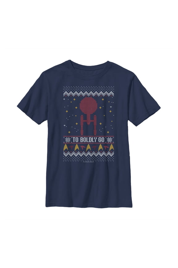 Boy's Star Trek Ugly Christmas Enterprise Boldly Go Graphic Tee Navy Blue Medium