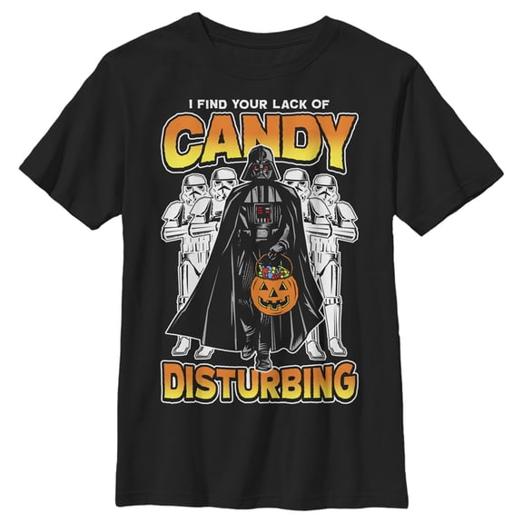 Boy's Star Wars: A New Hope Halloween Darth Vader and Stormtroopers I Find Your Lack of Candy Disturbing  Graphic Tee Black X Large
