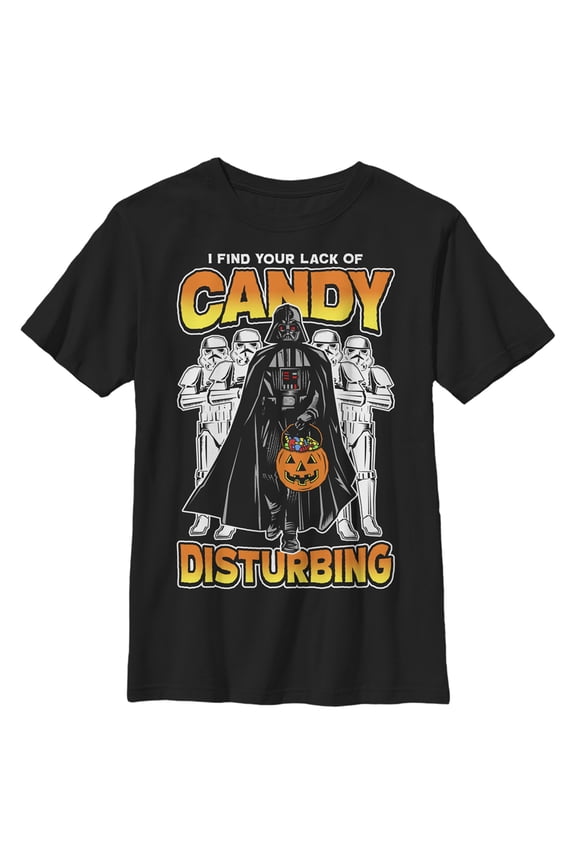 Boy's Star Wars: A New Hope Halloween Darth Vader and Stormtroopers I Find Your Lack of Candy Disturbing Graphic Tee Black Large