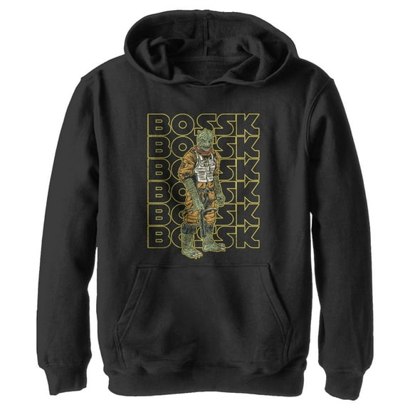 Boy's Star Wars Bossk Yellow Text Stack  Pull Over Hoodie Black Medium