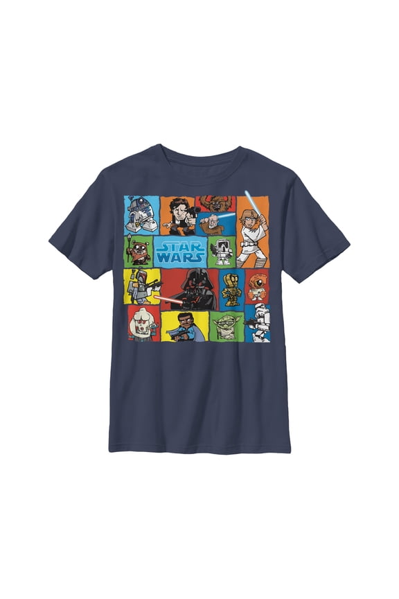 Boy's Star Wars Cartoon Character Squares Graphic Tee Navy Blue Medium