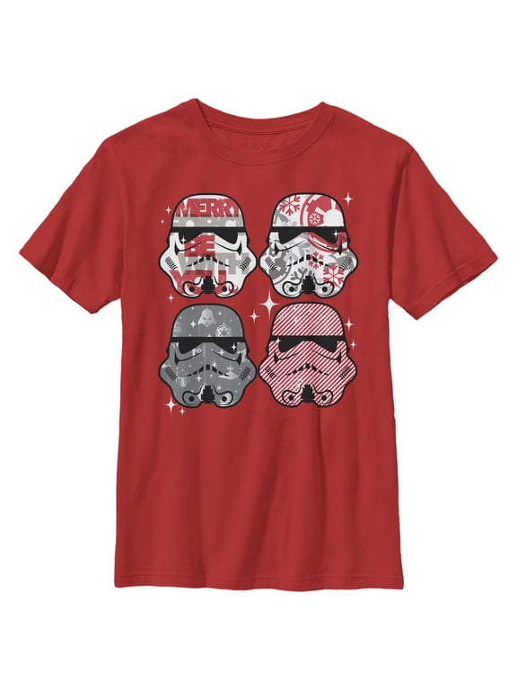 Boy's Star Wars Christmas Stormtrooper Helmets Graphic Tee Red Large