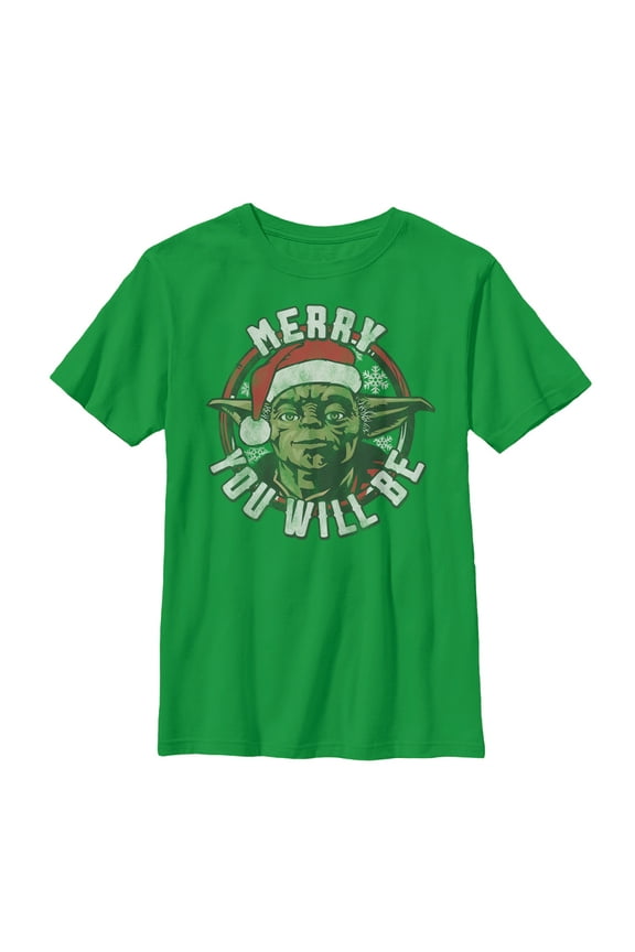 Boy's Star Wars Christmas Yoda Merry You Will Be Graphic Tee Kelly Green Large