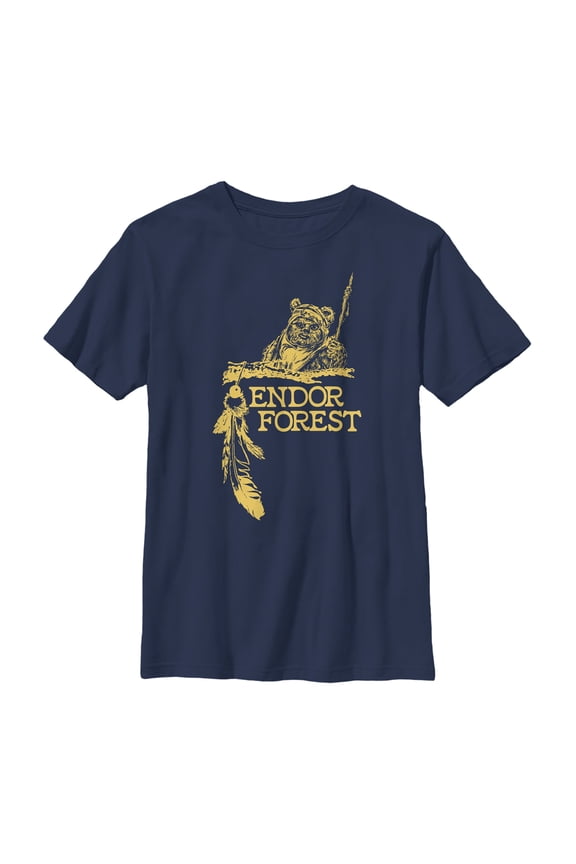 Boy's Star Wars Ewok Endor Forest Feather  Graphic Tee Navy Blue Small