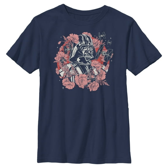 Boy's Star Wars Floral Darth Vader With Tie Fighters Graphic Tee Navy Blue X Small
