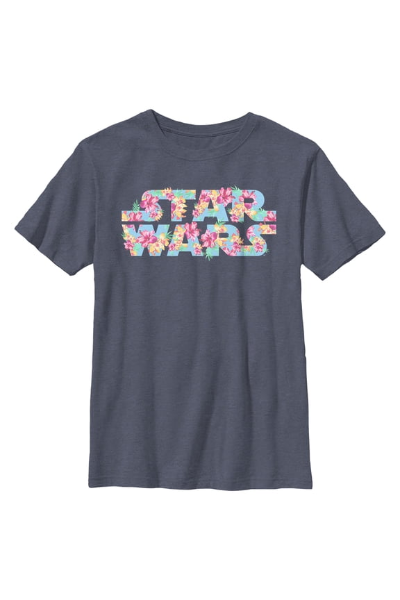 Boy's Star Wars Floral Hibiscus Logo Graphic Tee Navy Blue Heather X Large