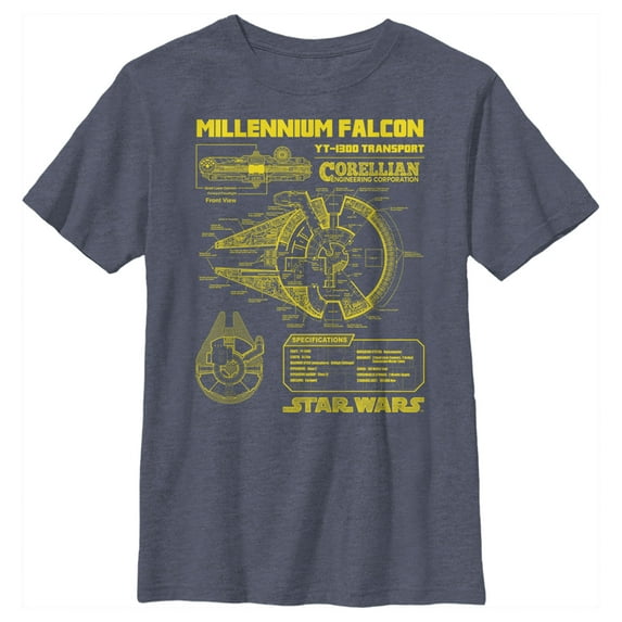 Boy's Star Wars Millennium Falcon Schematics Graphic Tee Navy Blue Heather Small
