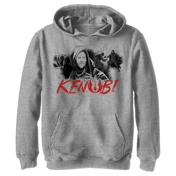 Boy's Star Wars: Obi-Wan Kenobi Darth Vader vs Kenobi Grayscale Cartoon Pull Over Hoodie Athletic Heather Large