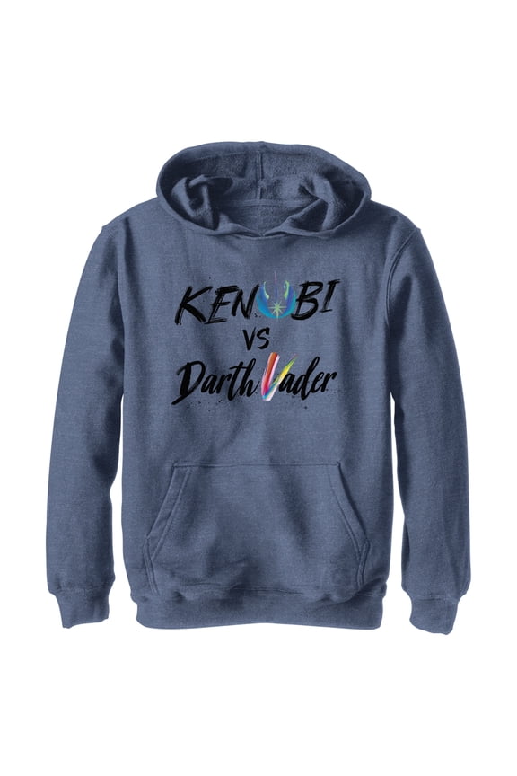Boy's Star Wars: Obi-Wan Kenobi Darth Vader vs Kenobi Rainbow Text Pull Over Hoodie Navy Blue Heather Large