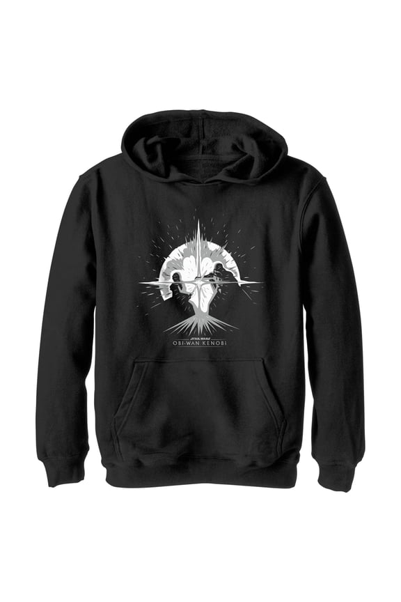 Boy's Star Wars: Obi-Wan Kenobi Darth Vader vs Kenobi Silhouette Lightsaber Explosion Pull Over Hoodie Black Medium