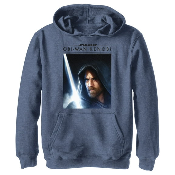 Boy's Star Wars: Obi-Wan Kenobi Lightsaber Glow Kenobi Portrait Pull Over Hoodie Navy Blue Heather Small