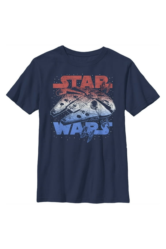 Boy's Star Wars Patriotic Vintage Millennium Falcon Graphic Tee Navy Blue X Large