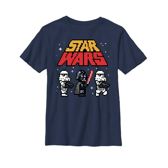 Boy's Star Wars Pixel Darth Vader and Stormtroopers  Graphic Tee Navy Blue Small