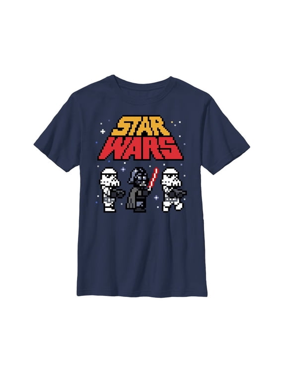 Boy's Star Wars Pixel Darth Vader and Stormtroopers Graphic Tee Navy Blue Small