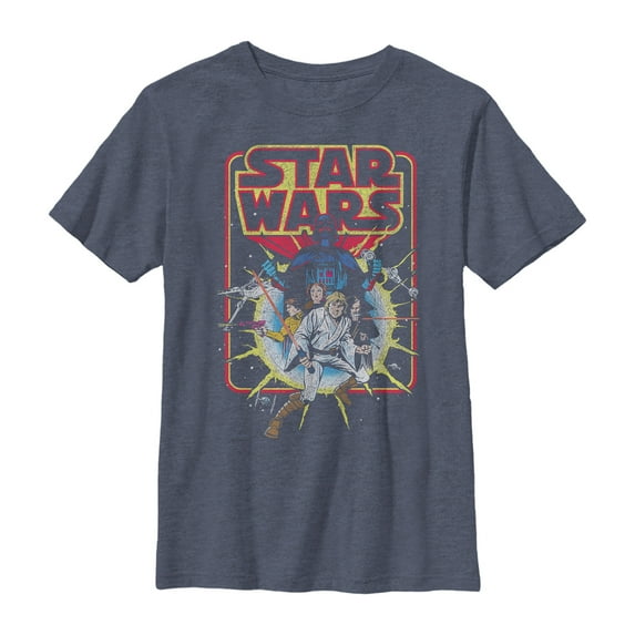 Boy's Star Wars Retro Explosion Graphic Tee Navy Blue Heather Medium