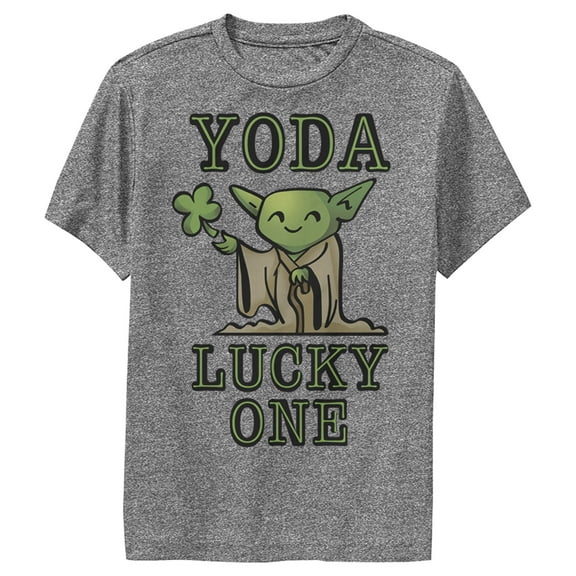 Boy's Star Wars St. Patrick's Day Cartoon Yoda Lucky One  Performance Graphic Tee Charcoal Heather Medium