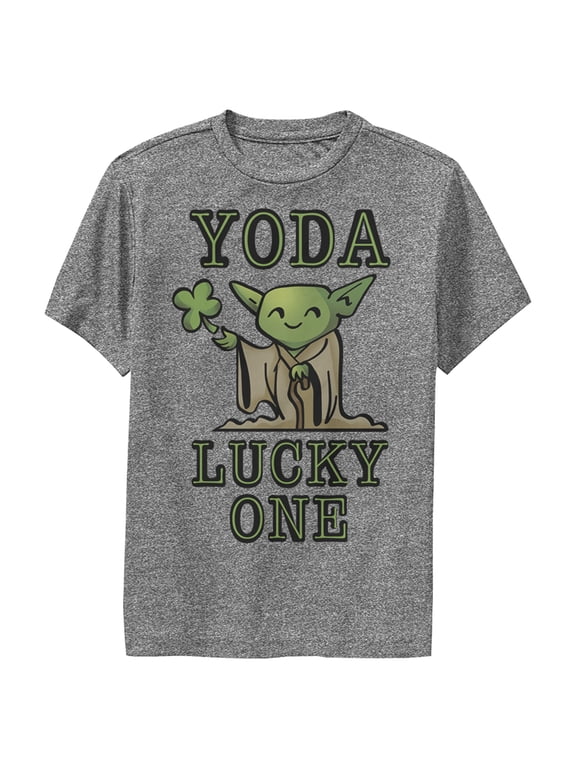Boy's Star Wars St. Patrick's Day Cartoon Yoda Lucky One Performance Graphic Tee Charcoal Heather Medium