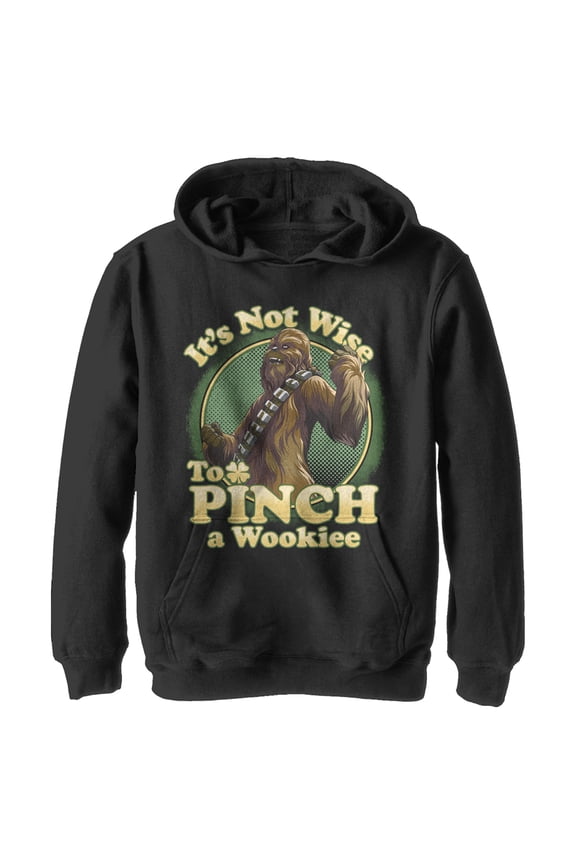 Boy's Star Wars St. Patrick's Day It's Not Wise To Pinch A Wookie  Pull Over Hoodie Black X Large