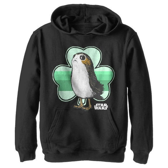 Boy's Star Wars St. Patrick's Day Porg and a Shamrock Pull Over Hoodie Black X Large