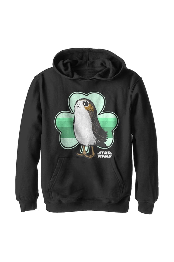 Boy's Star Wars St. Patrick's Day Porg and a Shamrock Pull Over Hoodie Black X Large