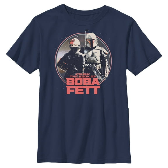 Boy's Star Wars: The Book of Boba Fett Fennec and Boba Classic Circle  Graphic Tee Navy Blue X Large