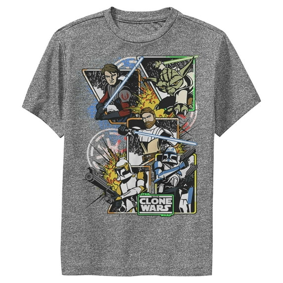 Boy's Star Wars: The Clone Wars Group Shot Comic Panels Performance Graphic Tee Charcoal Heather Large