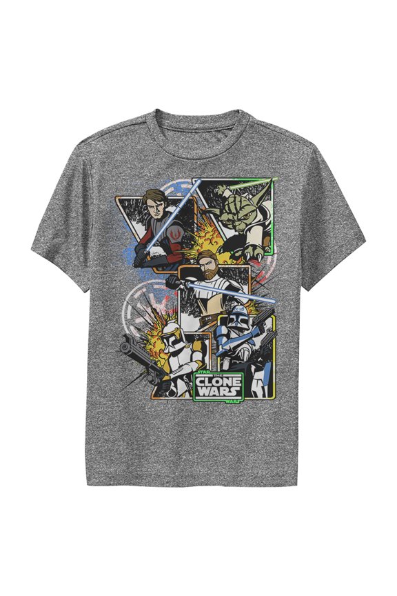 Boy's Star Wars: The Clone Wars Group Shot Comic Panels Performance Graphic Tee Charcoal Heather Small