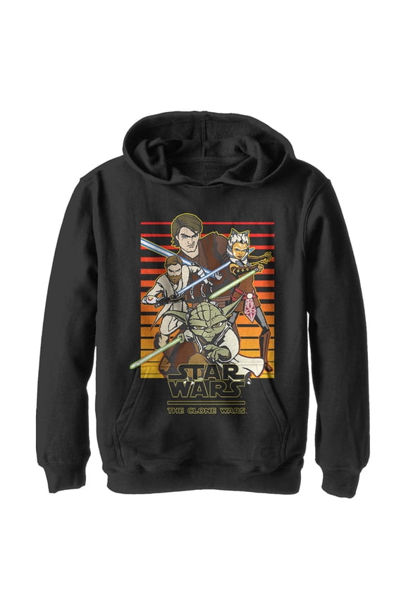 Boy's Star Wars: The Clone Wars Jedi Group Shot Retro Line Pull Over Hoodie Black Medium