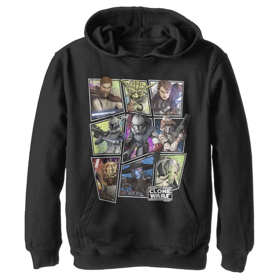 Boy's Star Wars: The Clone Wars Square Group Photos Pull Over Hoodie Black X Large