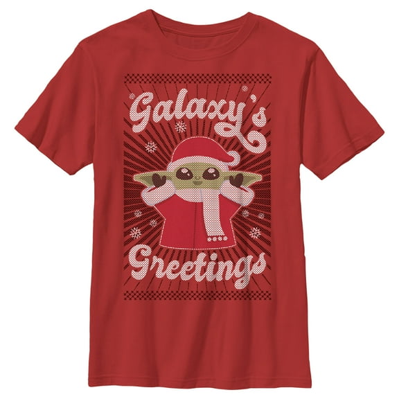 Boy's Star Wars: The Mandalorian Christmas Grogu Galaxy's Greetings Cute Graphic Tee Red Small