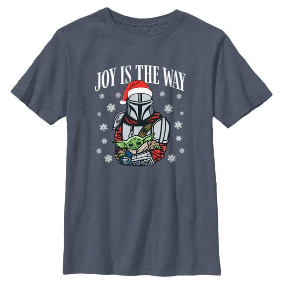 Boy's Star Wars: The Mandalorian Christmas Grogu and Din Djarin Joy is the Way Graphic Tee Navy Blue Heather Medium