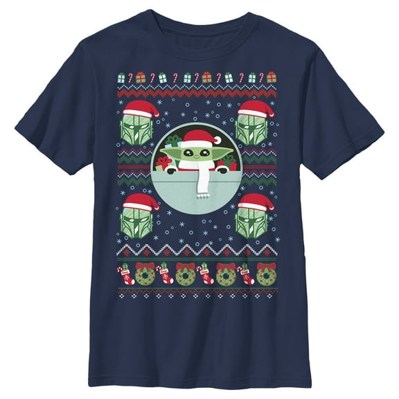 Boy's Star Wars: The Mandalorian Christmas Grogu and Din Djarin Santa Hats Graphic Tee Navy Blue Medium