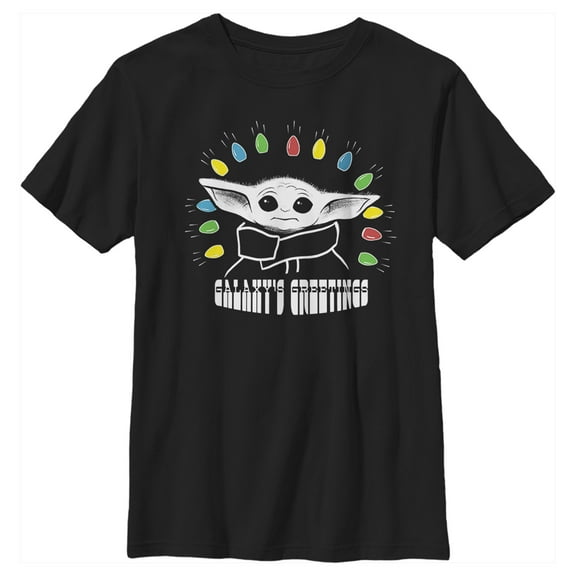 Boy's Star Wars: The Mandalorian Christmas The Child Galaxy's Greetings  Graphic Tee Black Small