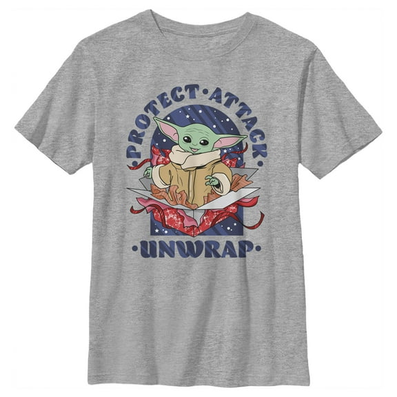 Boy's Star Wars: The Mandalorian Christmas The Child Protect Attack Unwrap  Graphic Tee Athletic Heather Medium