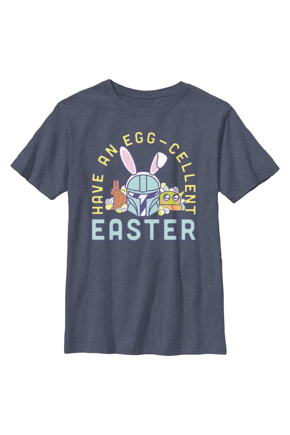 Boy's Star Wars: The Mandalorian Egg-Cellent Easter Graphic Tee Navy Blue Heather Medium