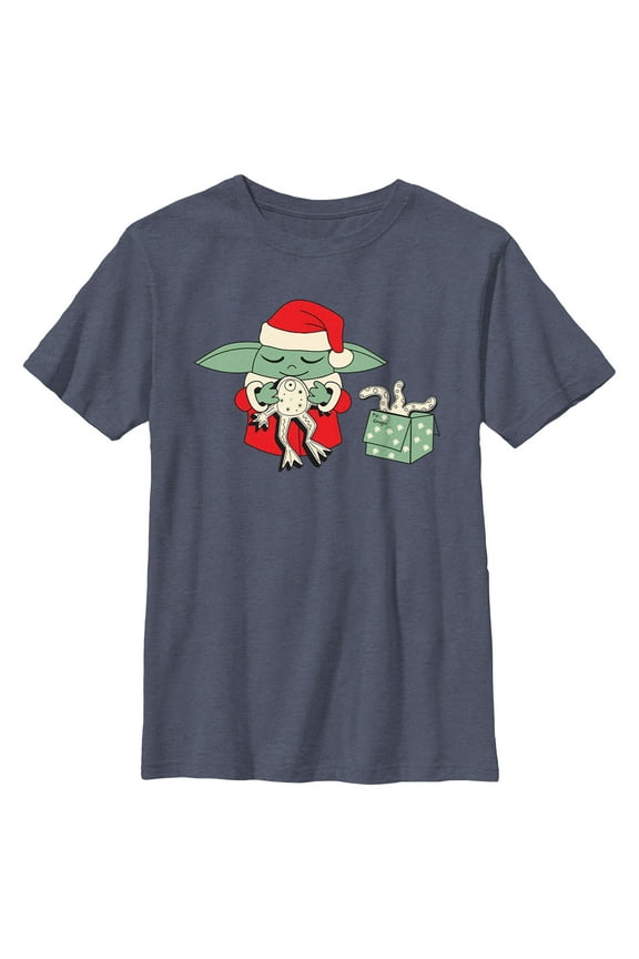 Boy's Star Wars: The Mandalorian Grogu Frog Present Graphic Tee Navy Blue Heather Large