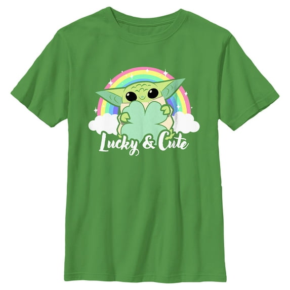 Boy's Star Wars: The Mandalorian Grogu St. Patrick's Day Rainbow Lucky and Cute Graphic Tee Kelly Green X Large